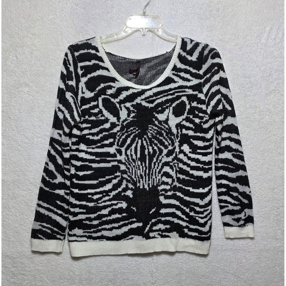 Yoki Women's XL Zebra Graphic Knit Sweater Black White Scoop Neck